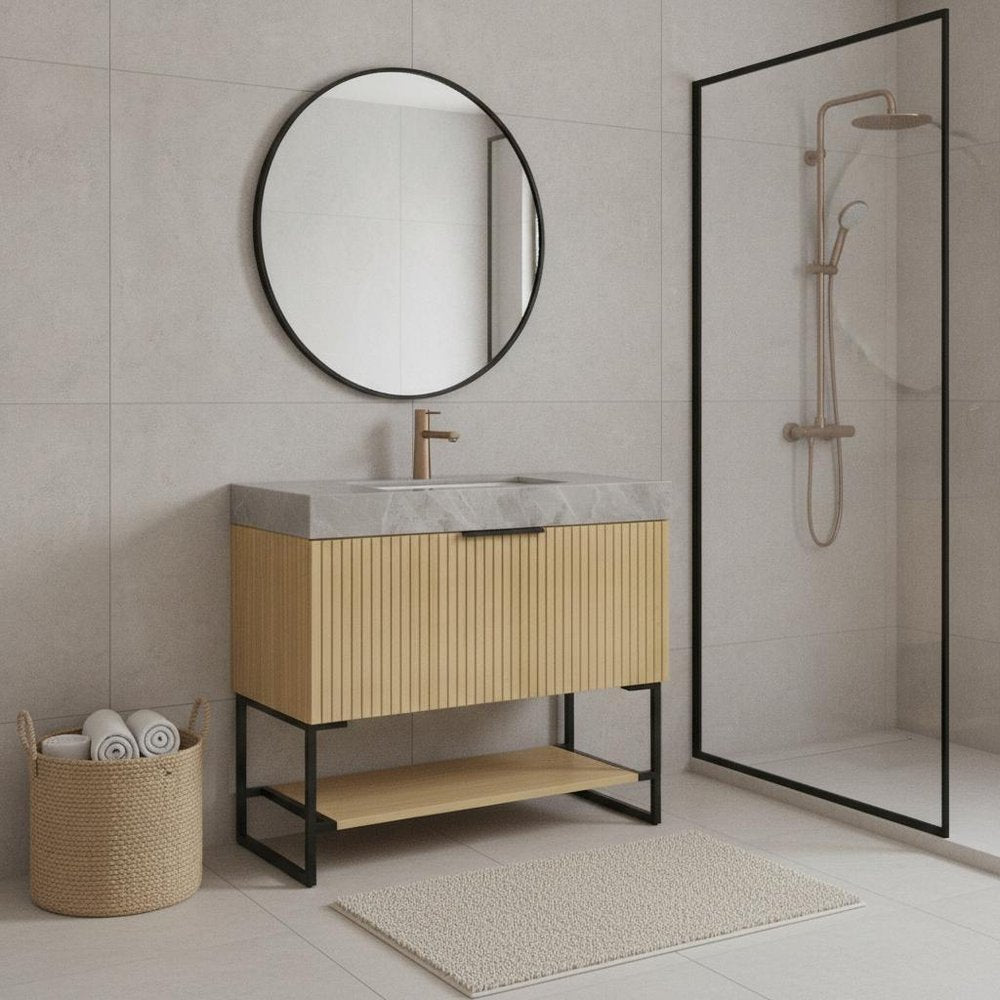 36" Brown Wood Freestanding Bathroom Vanity With White Sink