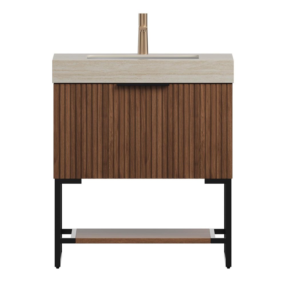 30" Brown Wood Freestanding Bathroom Vanity With White Sink