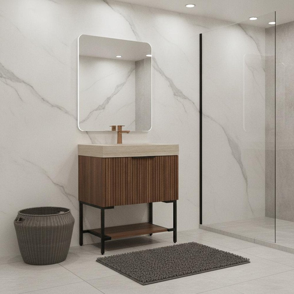 30" Brown Wood Freestanding Bathroom Vanity With White Sink