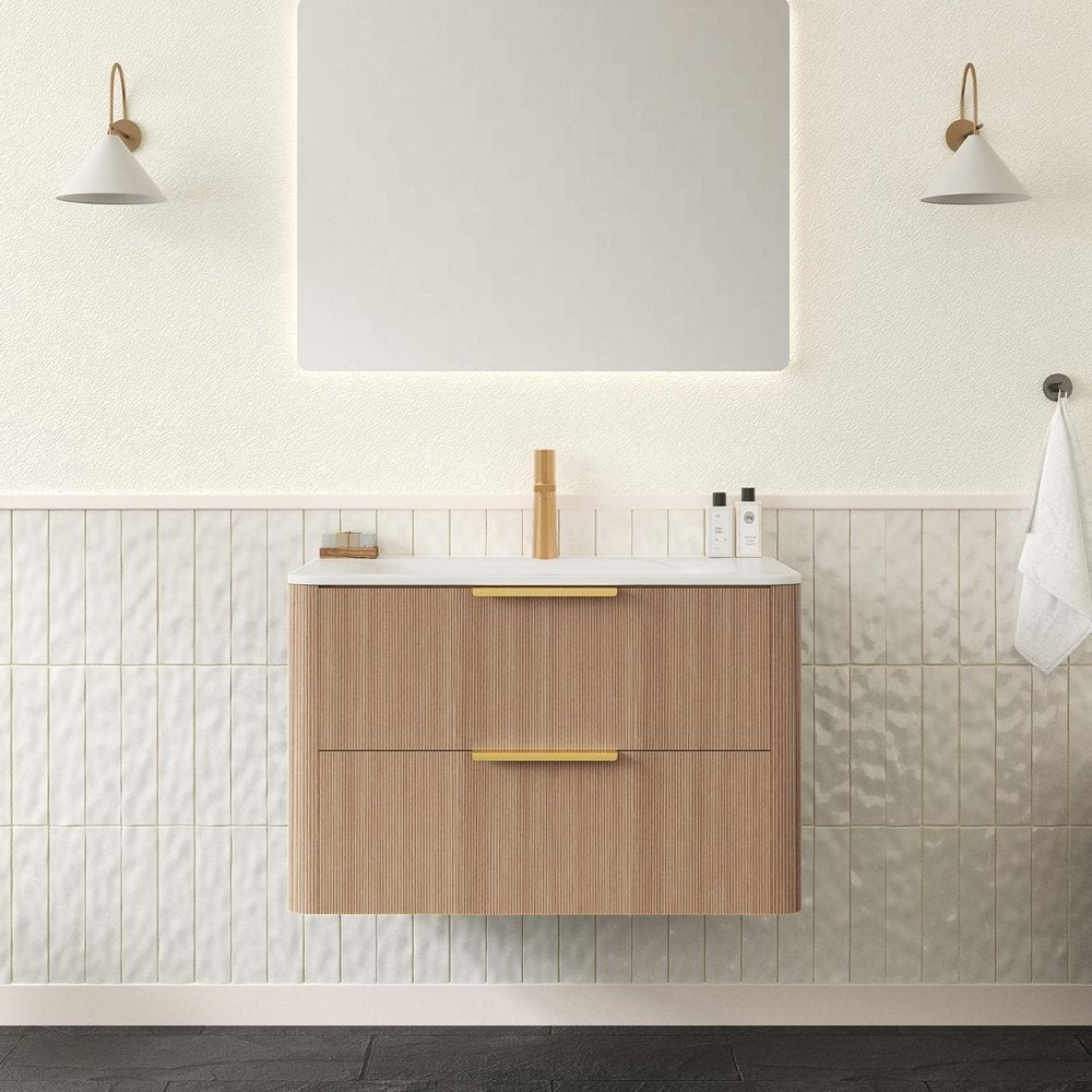 30" Brown Wood Floating Bathroom Vanity With White Sink And Two Drawers
