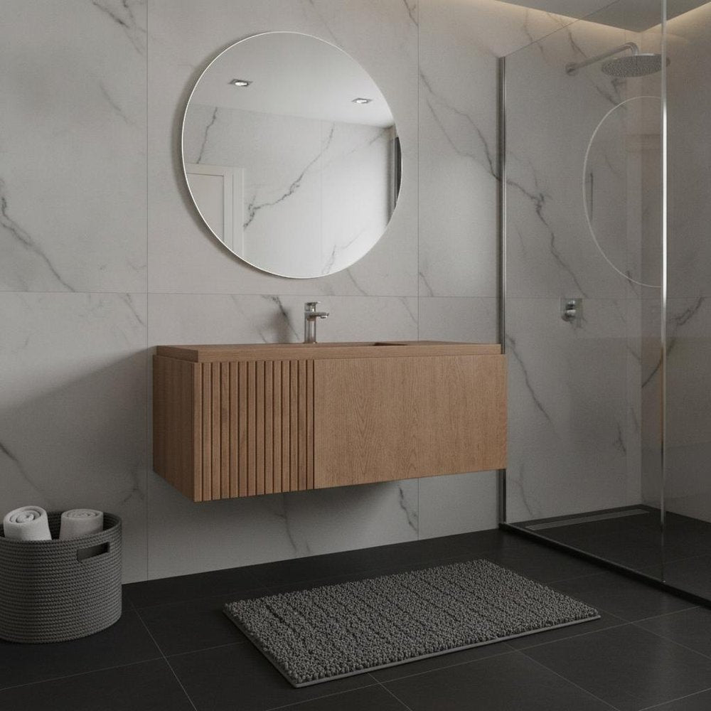 35" Brown Wood Floating Single Door Bathroom Vanity