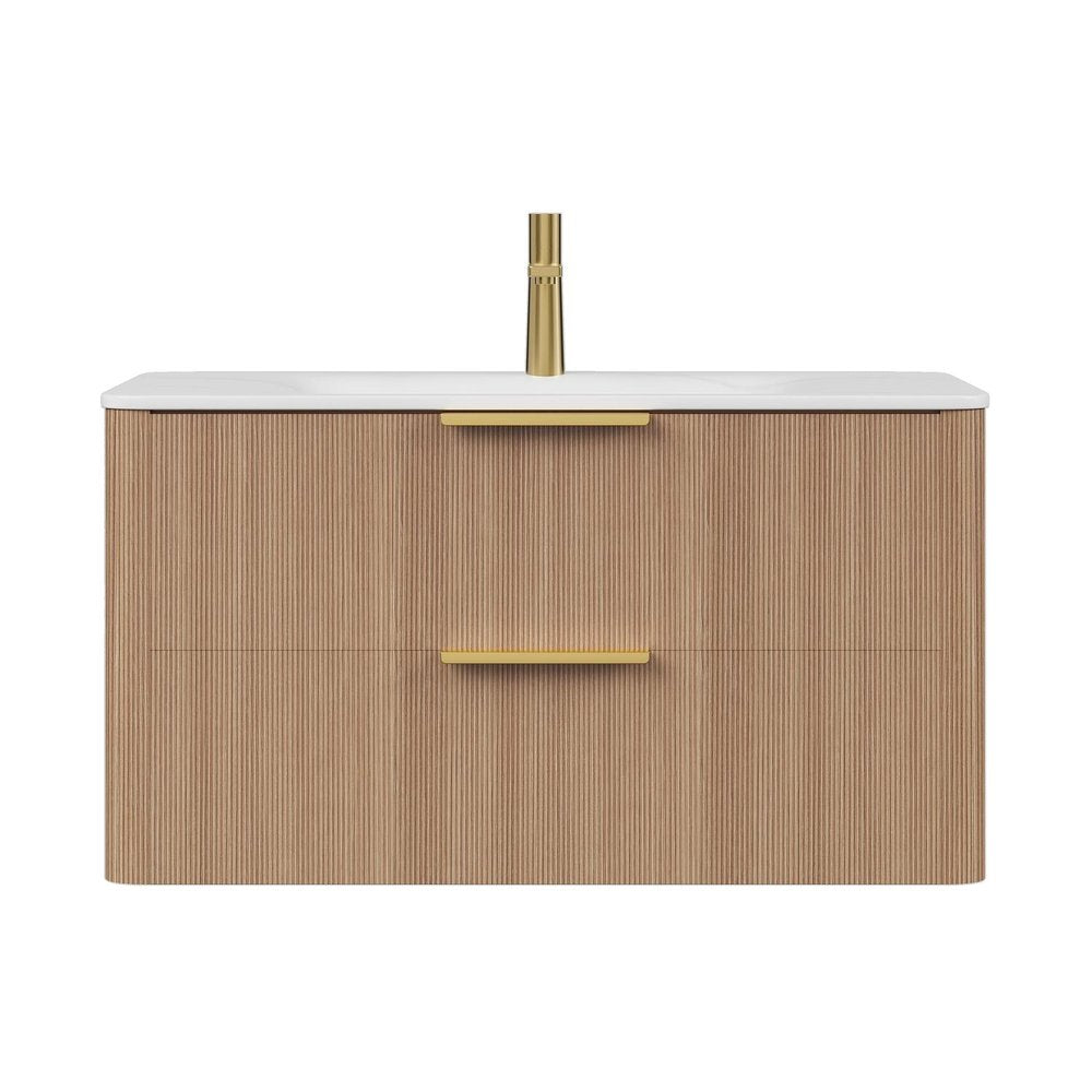36" Brown Wood Floating Bathroom Vanity With White Sink And Two Drawers