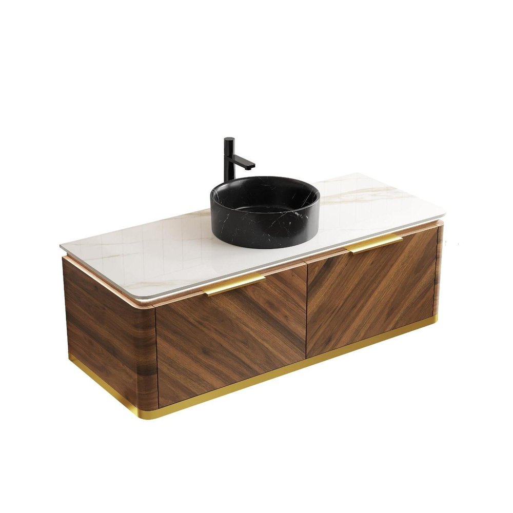 48" Brown Wood Floating Bathroom Vanity With Black Sink And Two Drawers