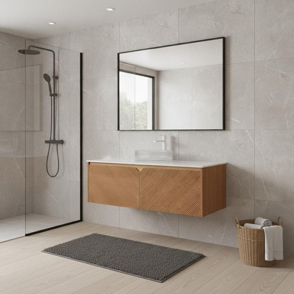 48" Brown Wood Floating Bathroom Vanity With White Sink And Two Drawers