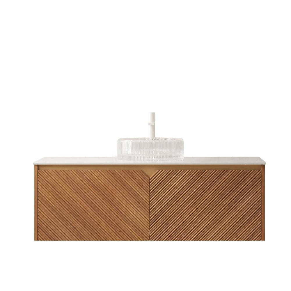 48" Brown Wood Floating Bathroom Vanity With White Sink And Two Drawers