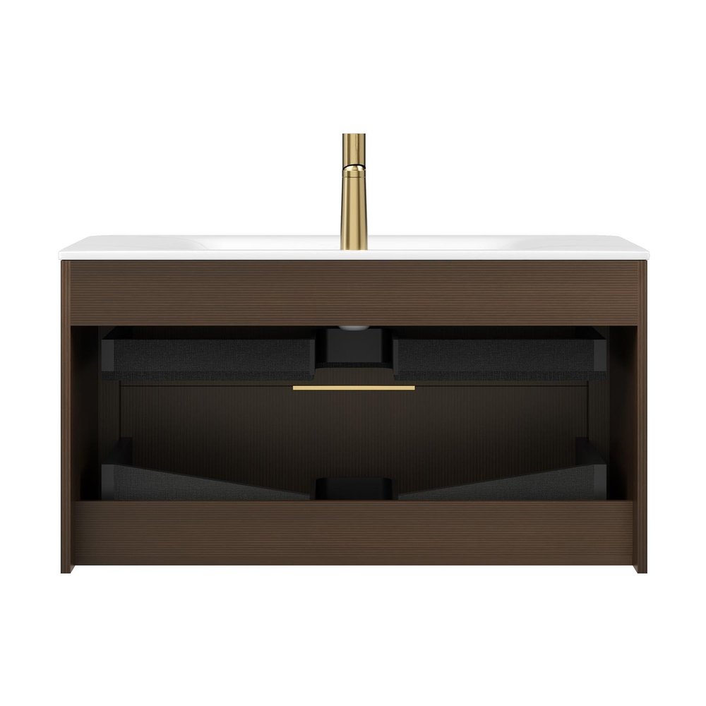36" Brown Wood Floating Bathroom Vanity With White Sink And Two Drawers