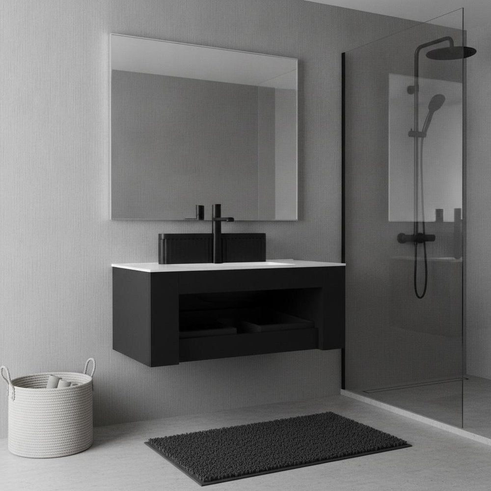 36" Black Wood Floating Bathroom Vanity With Sink