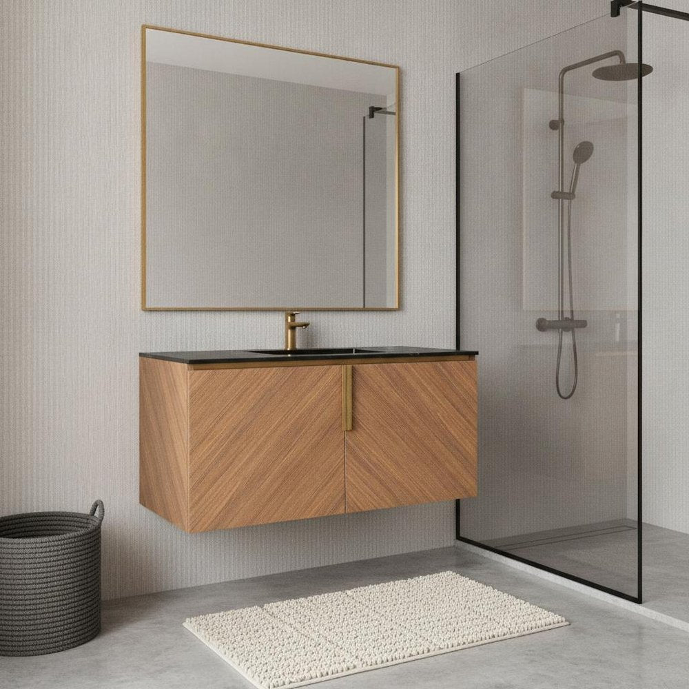 36" Brown Wood Floating Double Door Bathroom Vanity