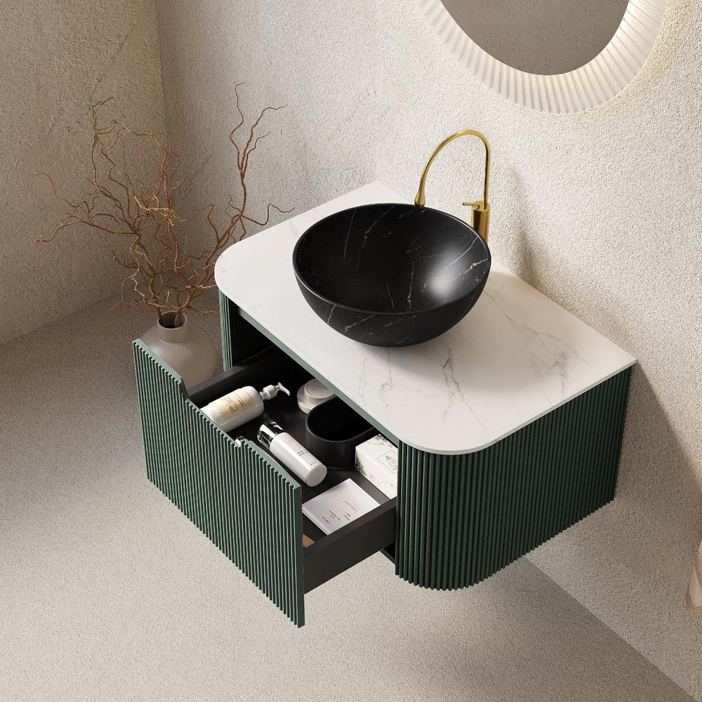 30" Green Wood Floating Bathroom Vanity With Black Sink