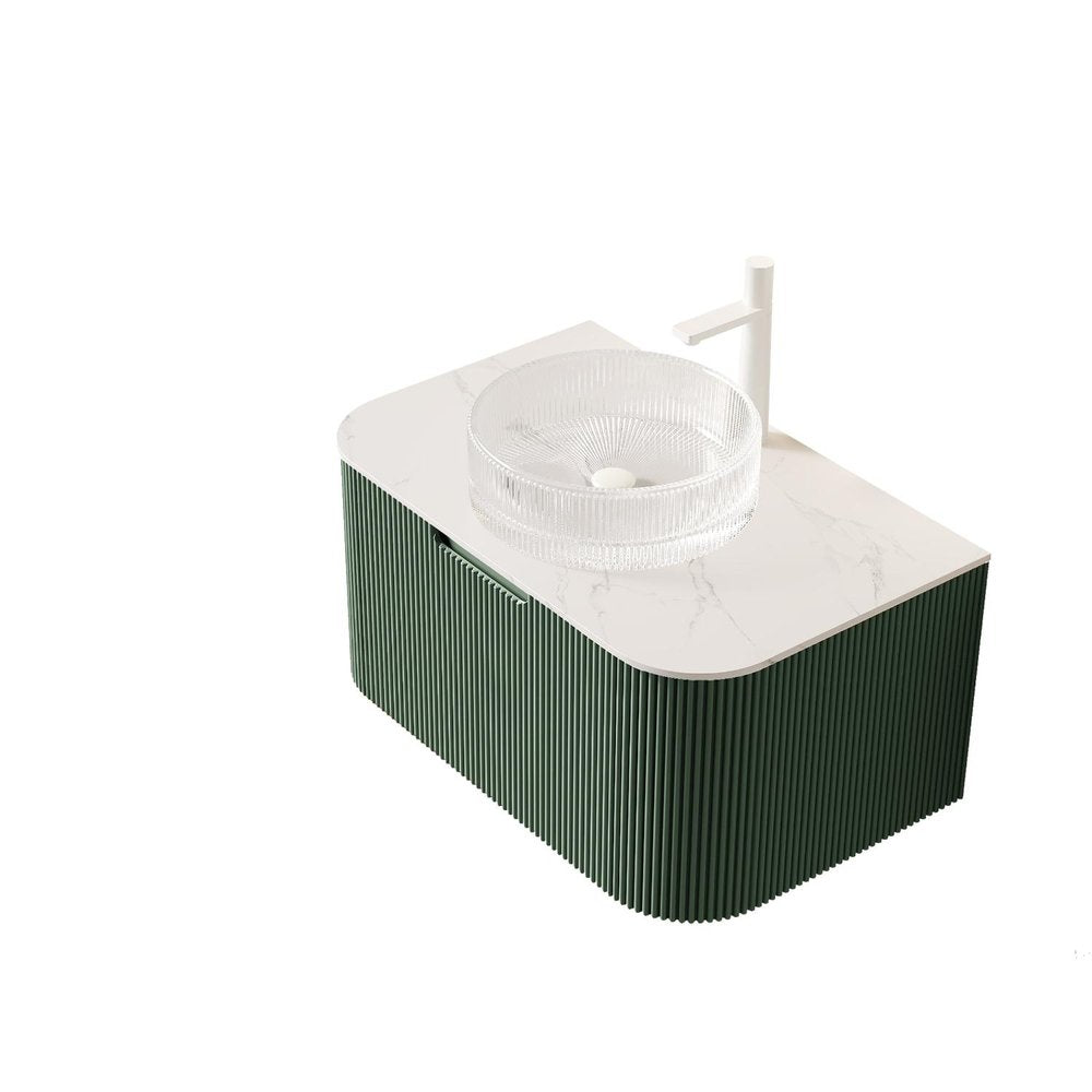 30" Green Wood Floating Bathroom Vanity With White Sink
