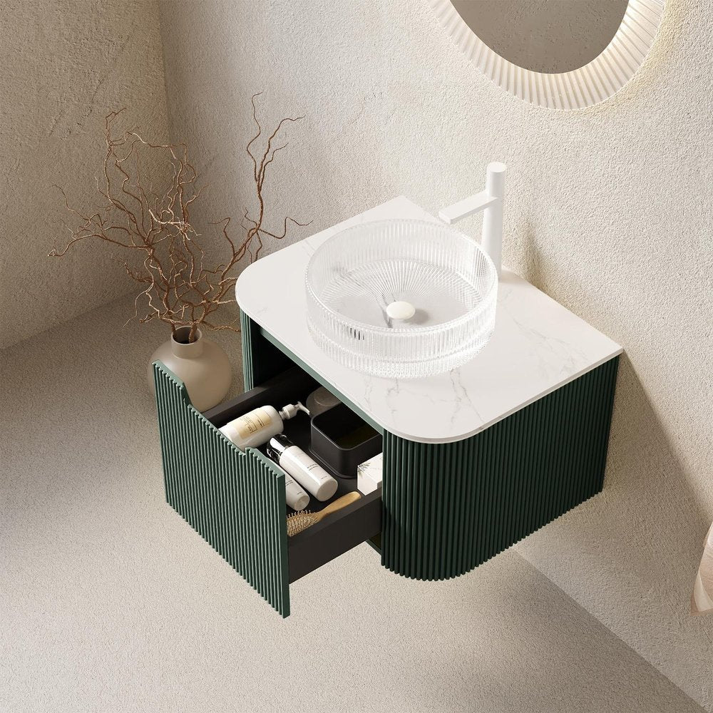 24" Green Wood Floating Bathroom Vanity With White Sink
