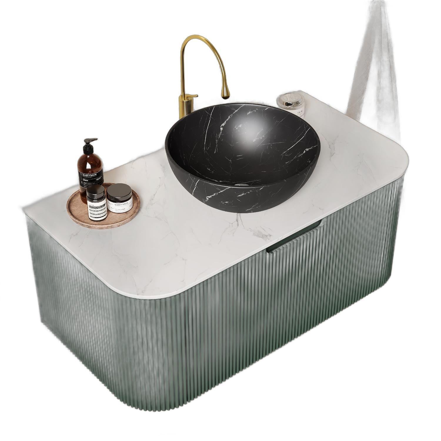 36" Green Wood Floating Bathroom Vanity With Black Sink