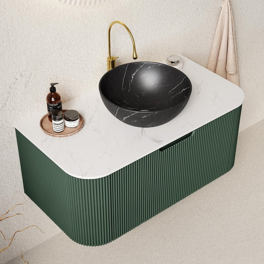36" Green Wood Floating Bathroom Vanity With Black Sink
