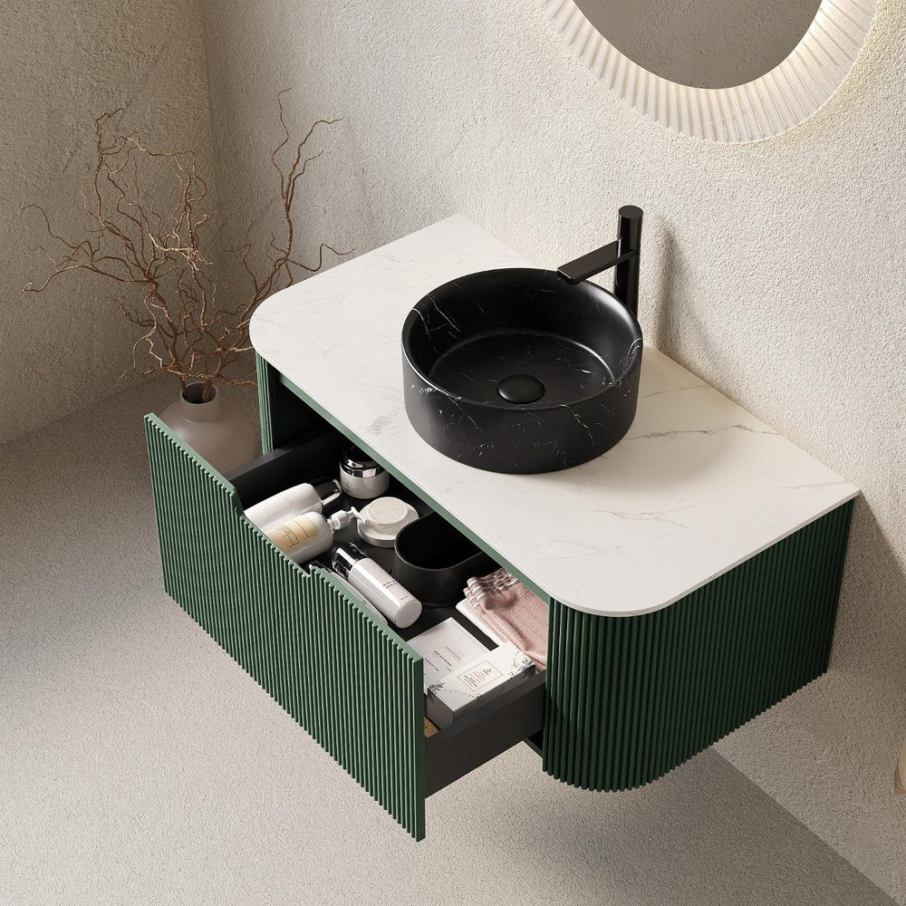 36" Green Wood Floating Bathroom Vanity With Black Sink