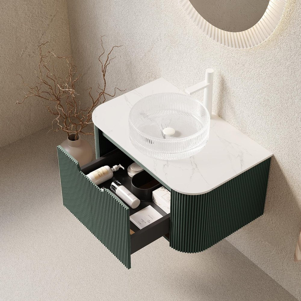 36" Green Wood Floating Bathroom Vanity With White Sink