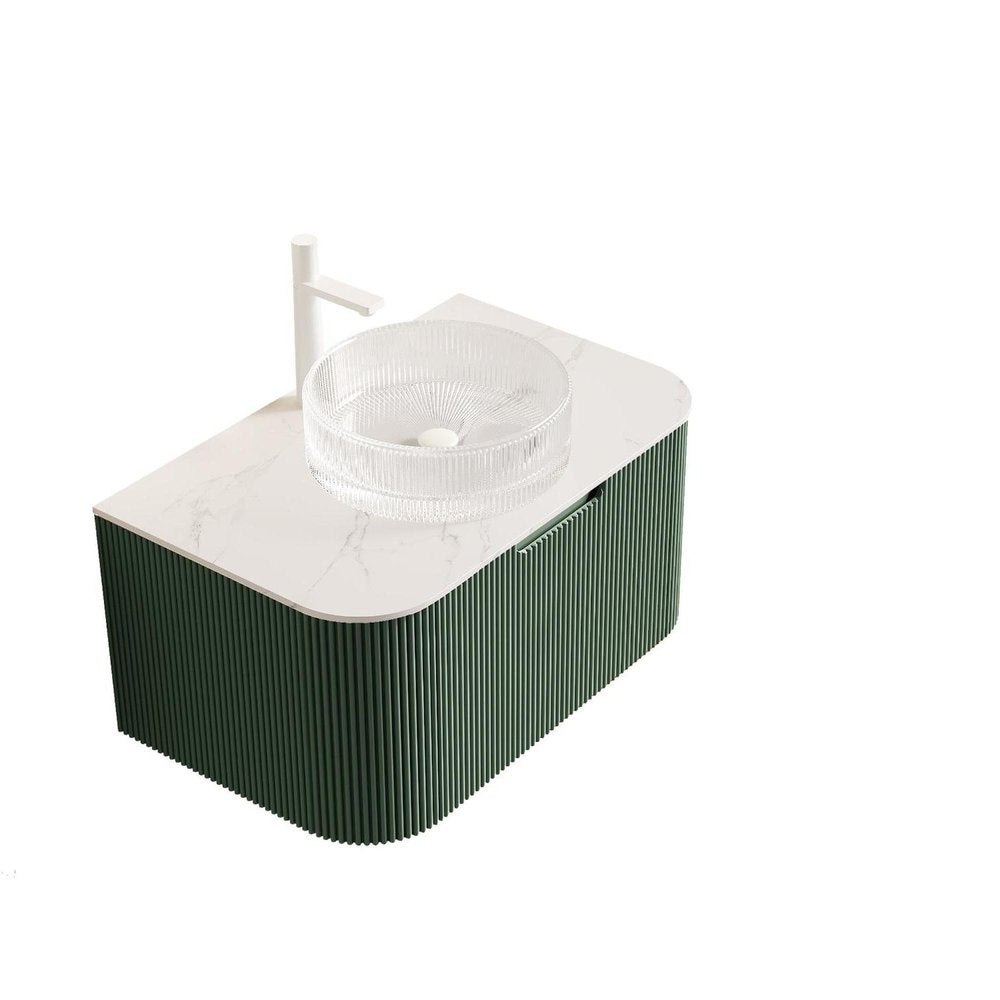 36" Green Wood Floating Bathroom Vanity With White Sink