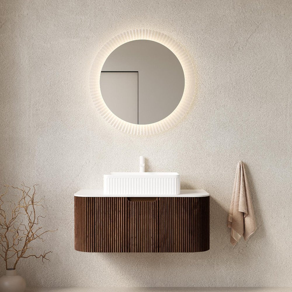 36" Brown Wood Floating Bathroom Vanity With White Sink