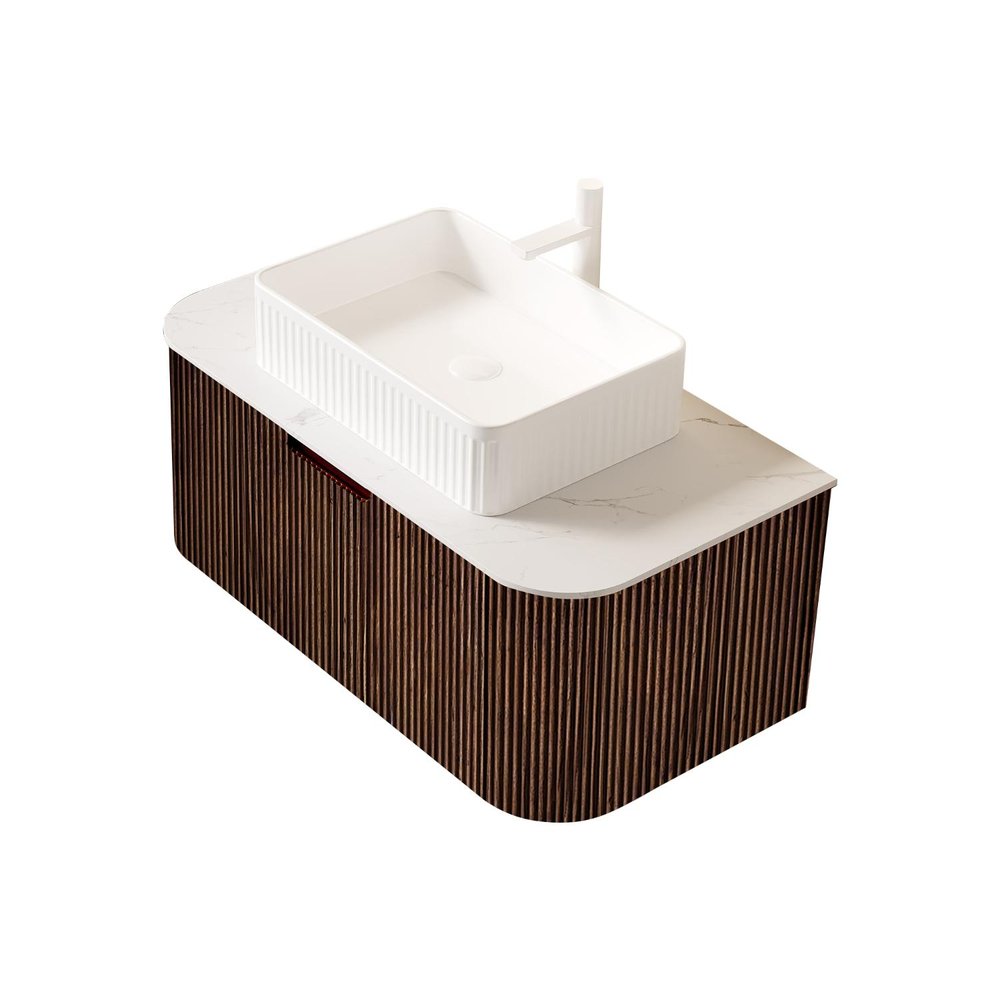 36" Brown Wood Floating Bathroom Vanity With White Sink