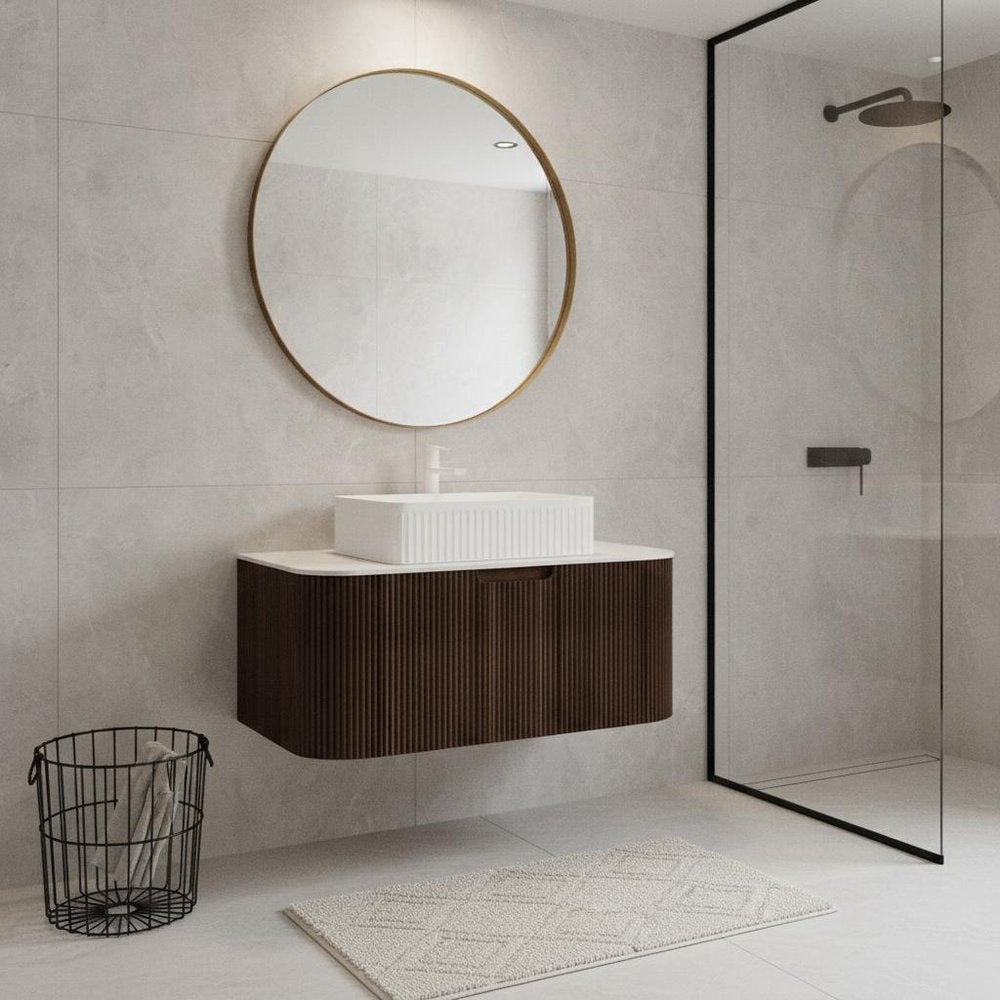 36" Brown Wood Floating Bathroom Vanity With White Sink