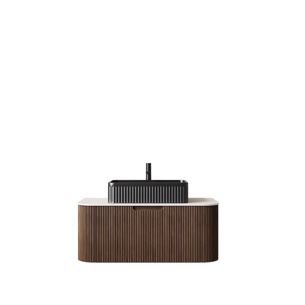 36" Brown Wood Floating Bathroom Vanity With Black Sink