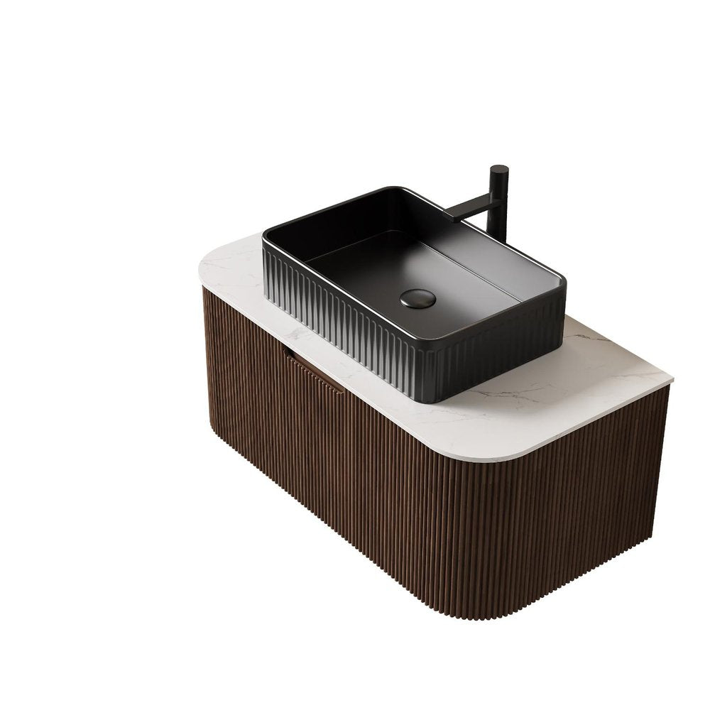 36" Brown Wood Floating Bathroom Vanity With Black Sink