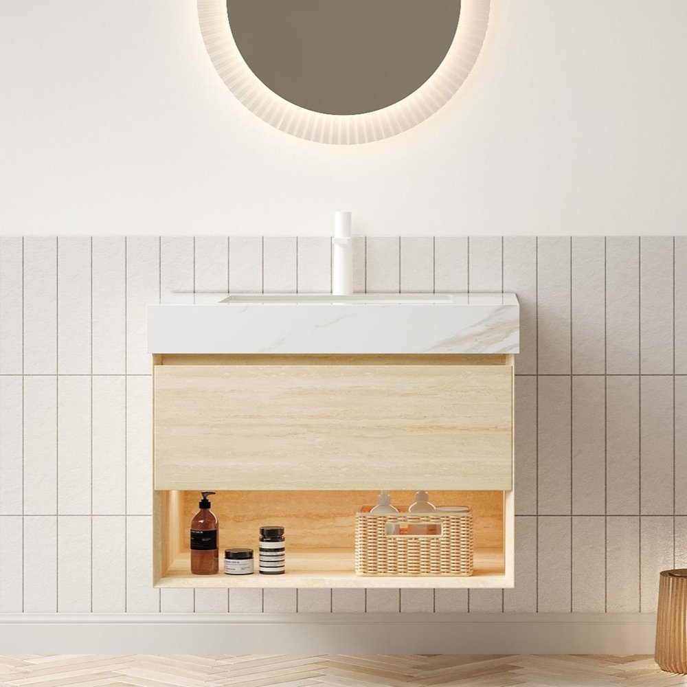 30" Brown Wood Floating Bathroom Vanity With White Sink