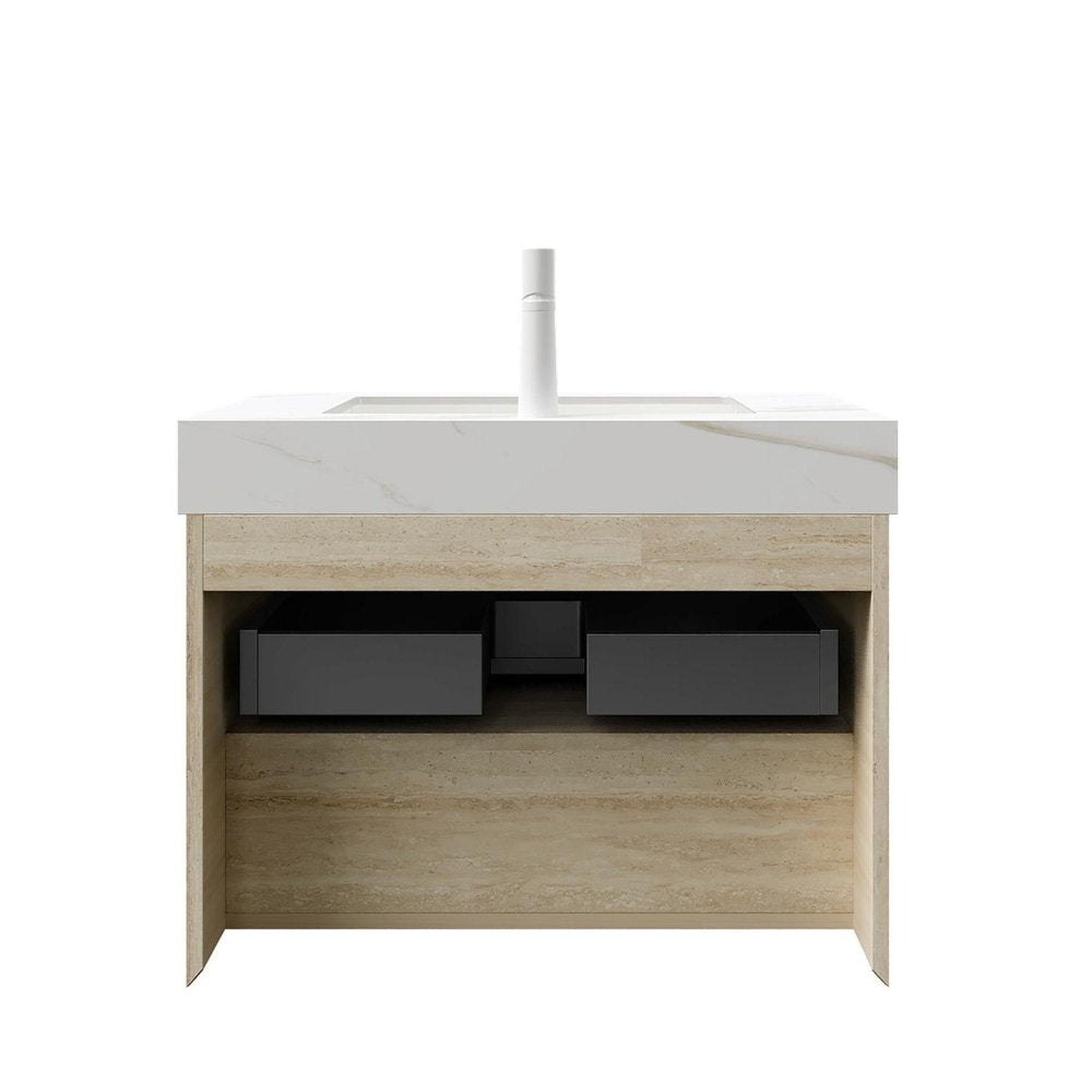 30" Brown Wood Floating Bathroom Vanity With White Sink