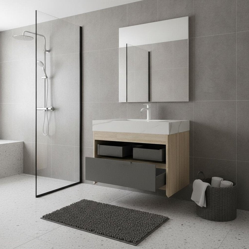 30" Brown Wood Floating Bathroom Vanity With White Sink