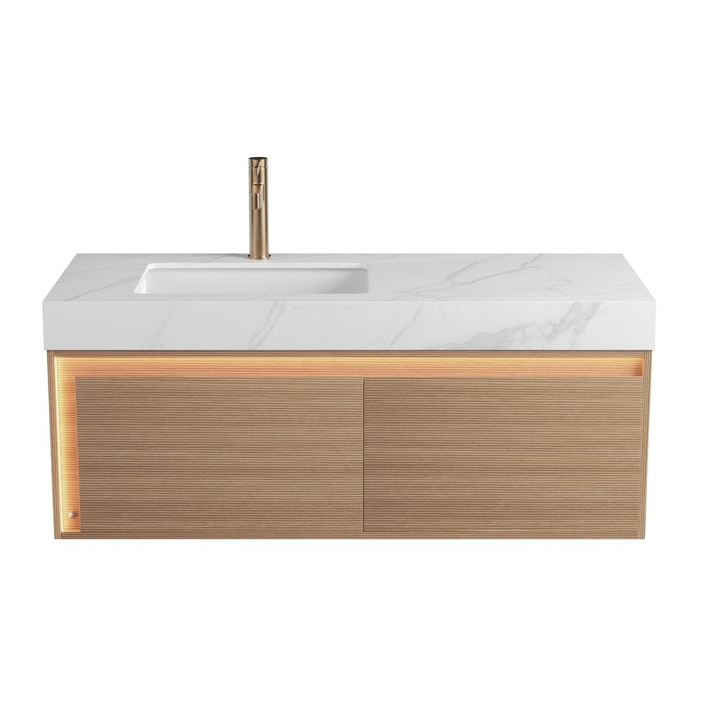 48" Brown Wood Floating Bathroom Vanity With White Sink And Two Drawers