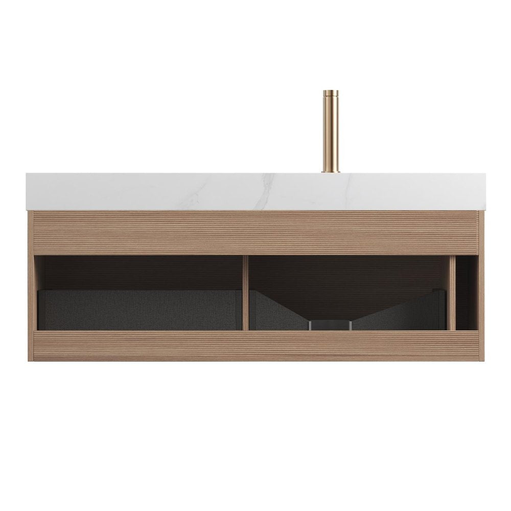 48" Brown Wood Floating Bathroom Vanity With White Sink And Two Drawers