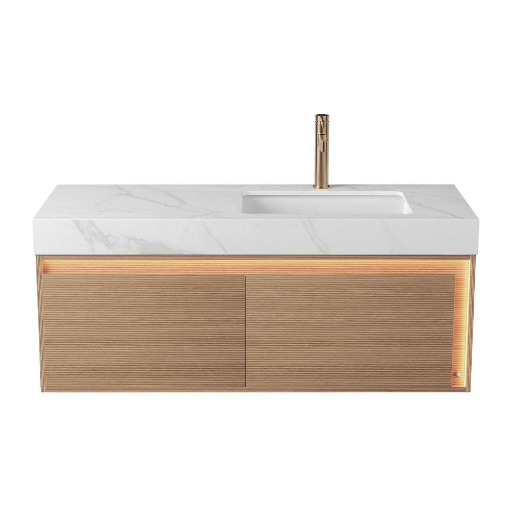 48" Brown Wood Floating Bathroom Vanity With White Sink And Two Drawers