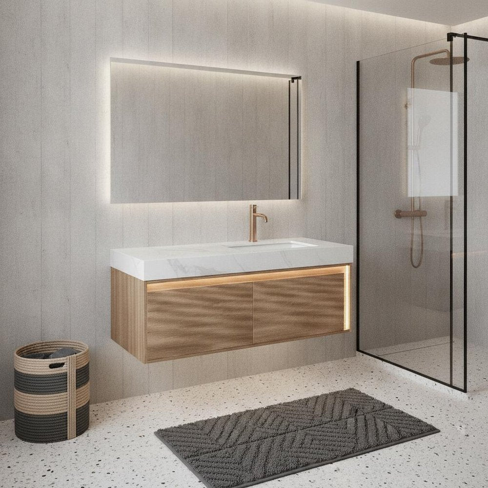 48" Brown Wood Floating Bathroom Vanity With White Sink And Two Drawers