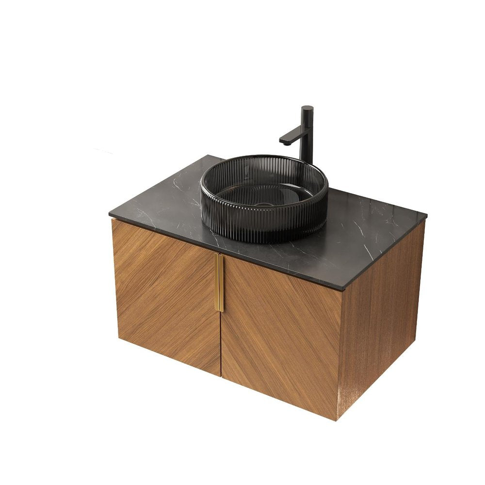 30" Brown Wood Floating Double Door Bathroom Vanity