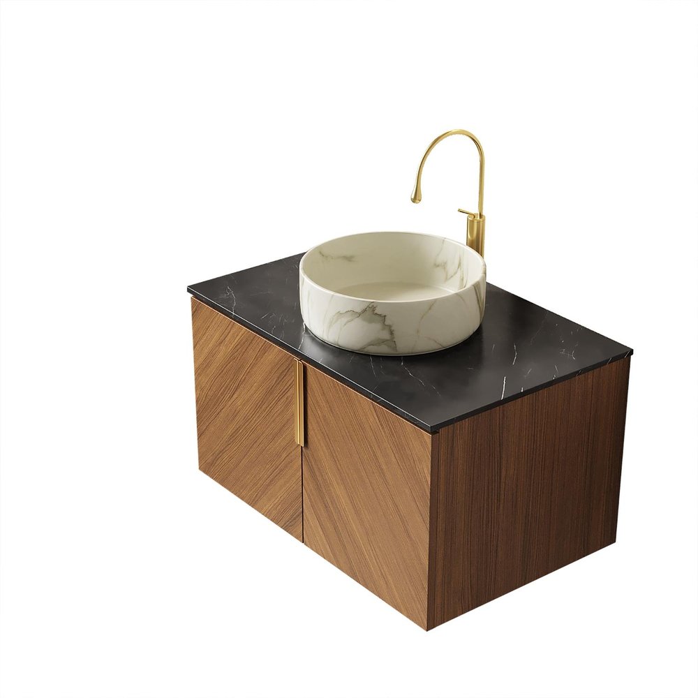 30" Brown Wood Floating Double Door Bathroom Vanity