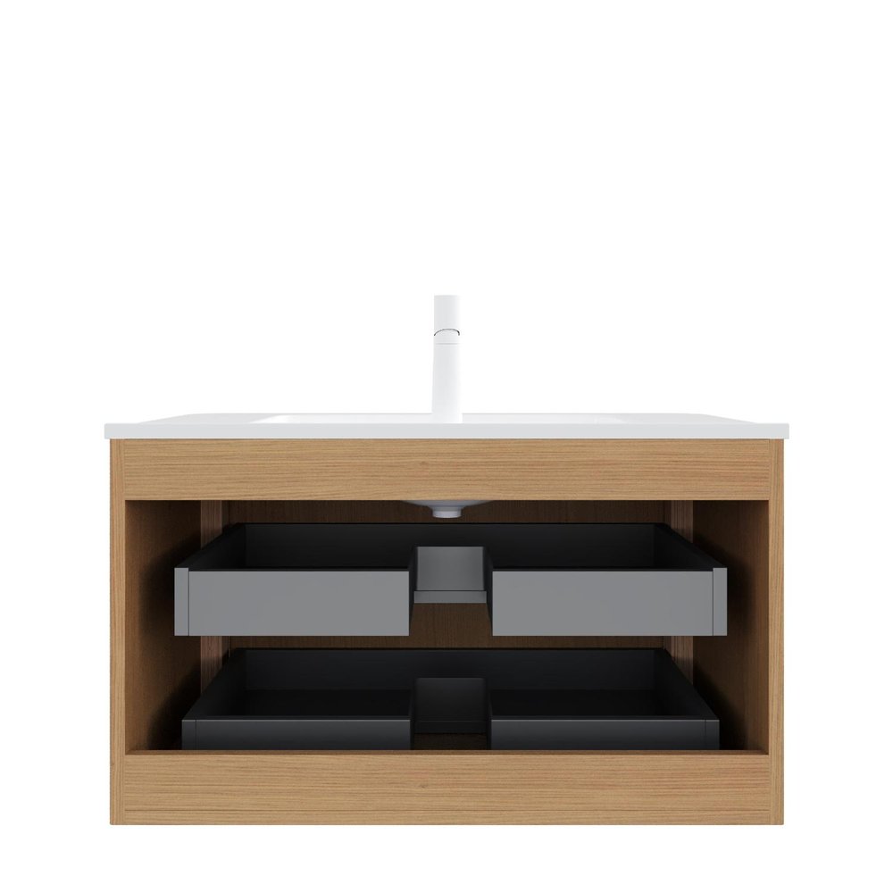36" Brown Wood Floating Bathroom Vanity With White Sink And Two Drawers