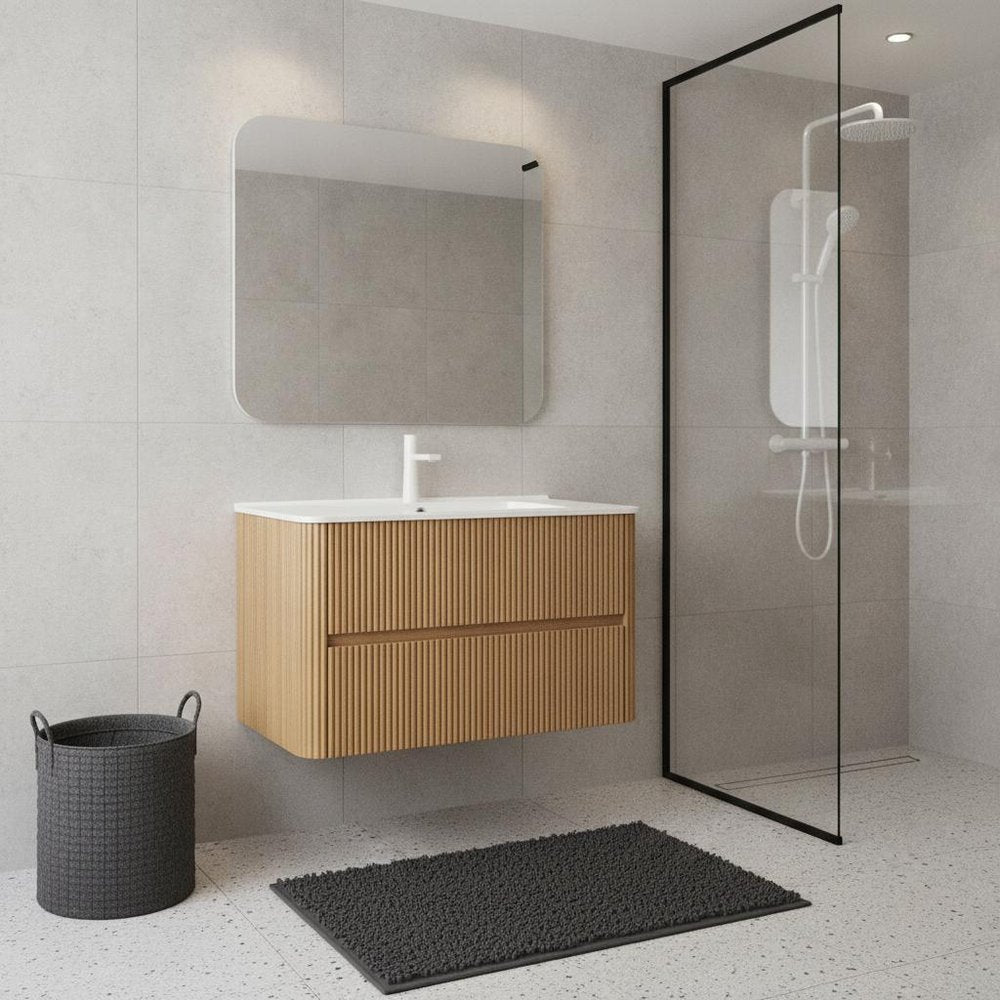 36" Brown Wood Floating Bathroom Vanity With White Sink And Two Drawers