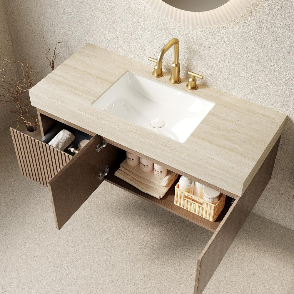 48" Brown Wood Floating Double Door Bathroom Vanity With White Sink