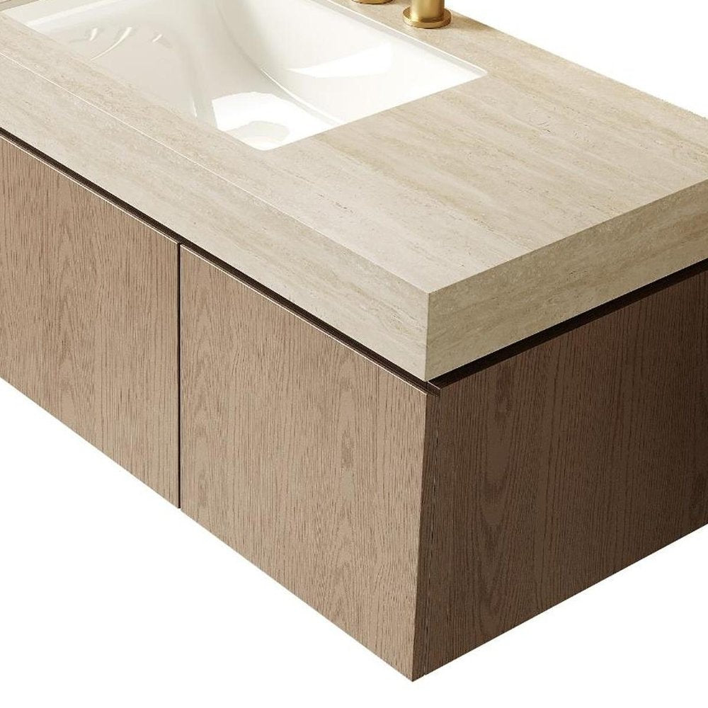 48" Brown Wood Floating Double Door Bathroom Vanity With White Sink