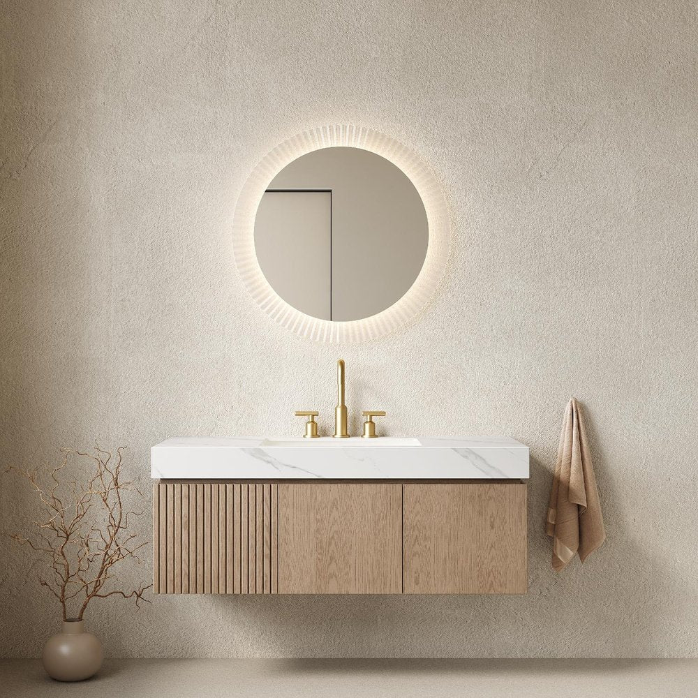48" Brown Wood Floating Double Door Bathroom Vanity With White Sink