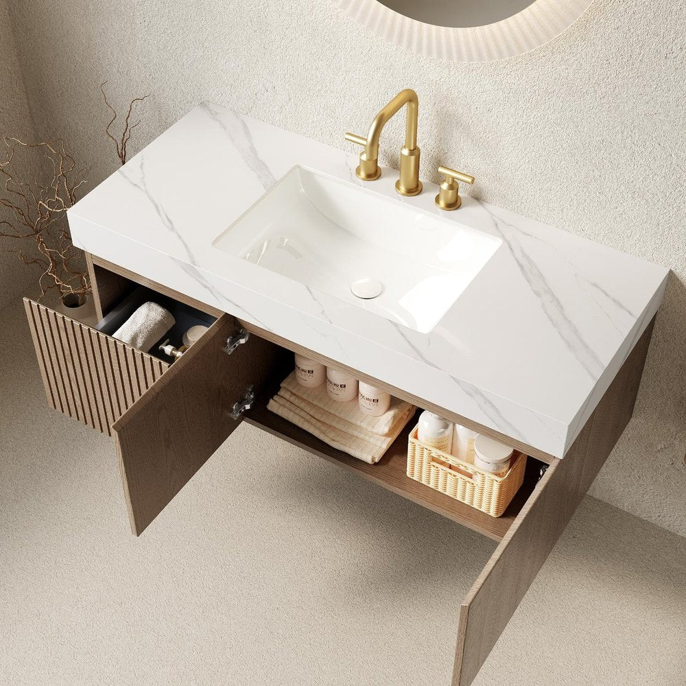 48" Brown Wood Floating Double Door Bathroom Vanity With White Sink