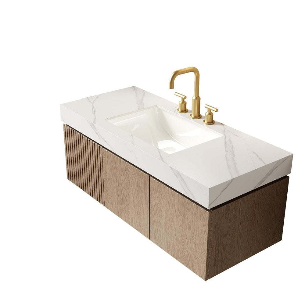 48" Brown Wood Floating Double Door Bathroom Vanity With White Sink