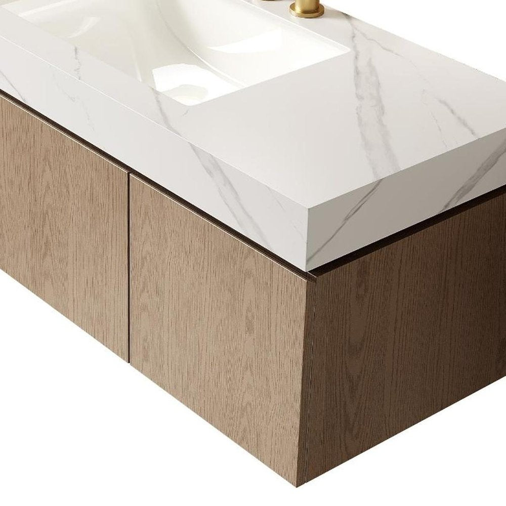 48" Brown Wood Floating Double Door Bathroom Vanity With White Sink