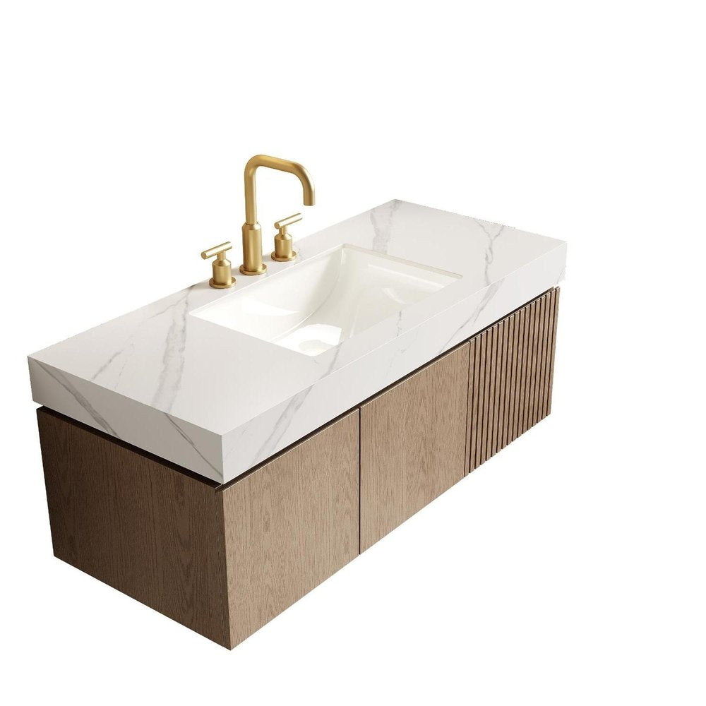 48" Brown Wood Floating Double Door Bathroom Vanity With White Sink