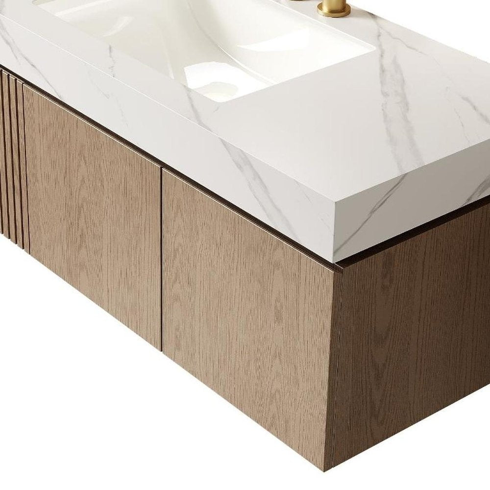 48" Brown Wood Floating Double Door Bathroom Vanity With White Sink