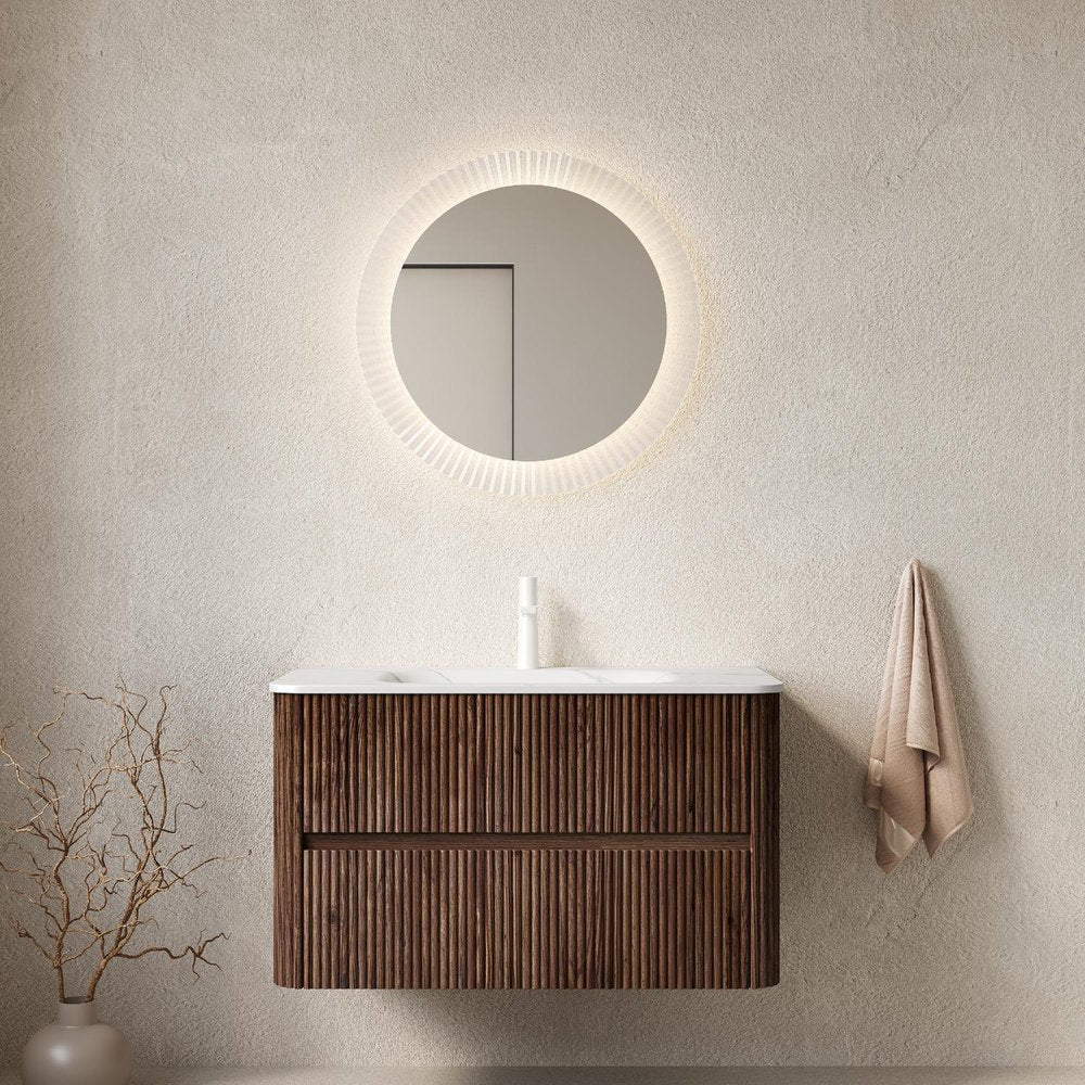 36" Brown Wood Floating Bathroom Vanity With White Sink And Two Drawers
