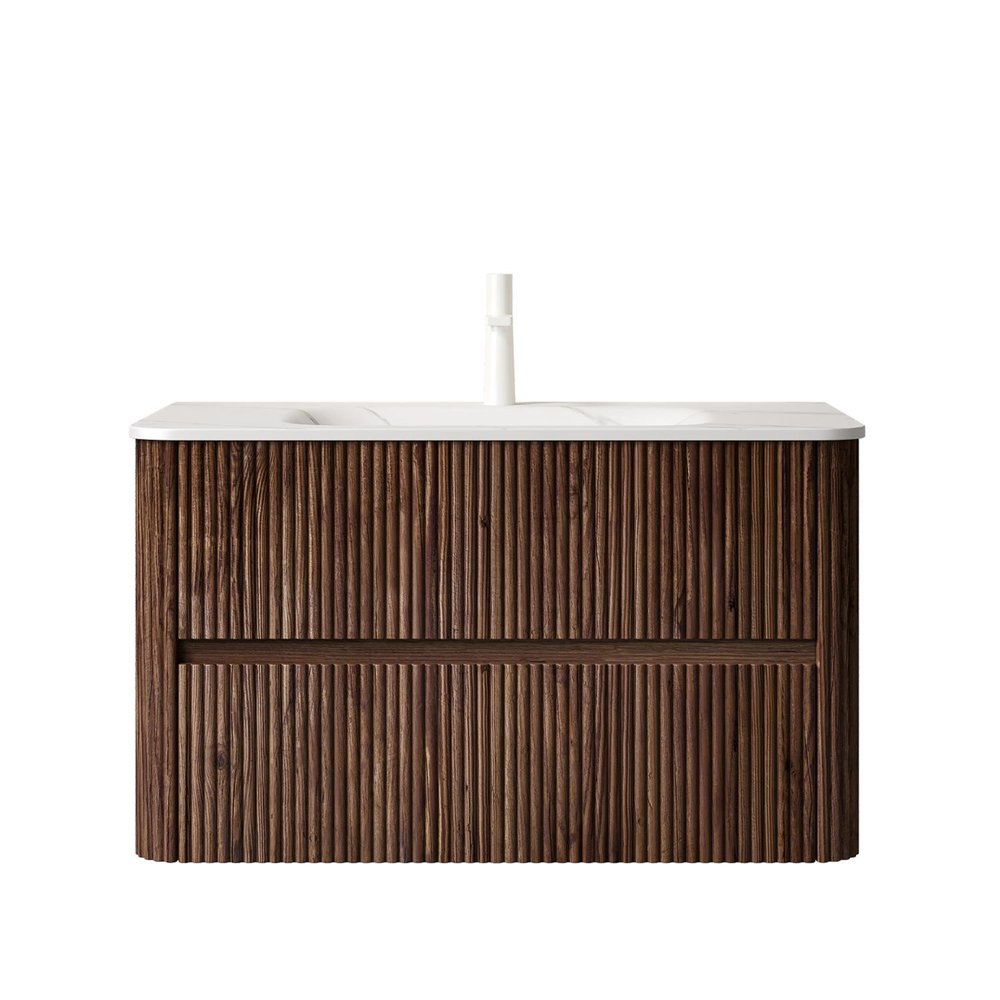 36" Brown Wood Floating Bathroom Vanity With White Sink And Two Drawers