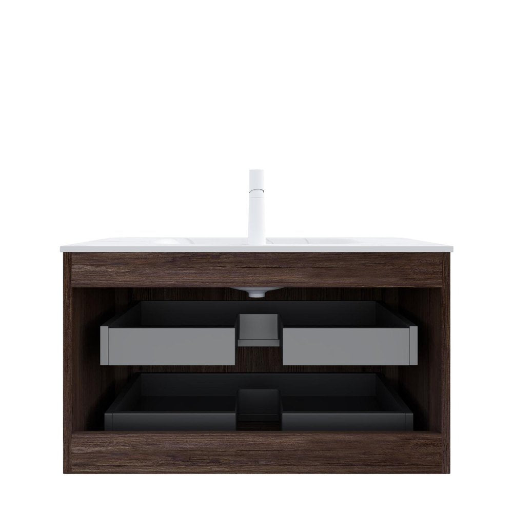 36" Brown Wood Floating Bathroom Vanity With White Sink And Two Drawers