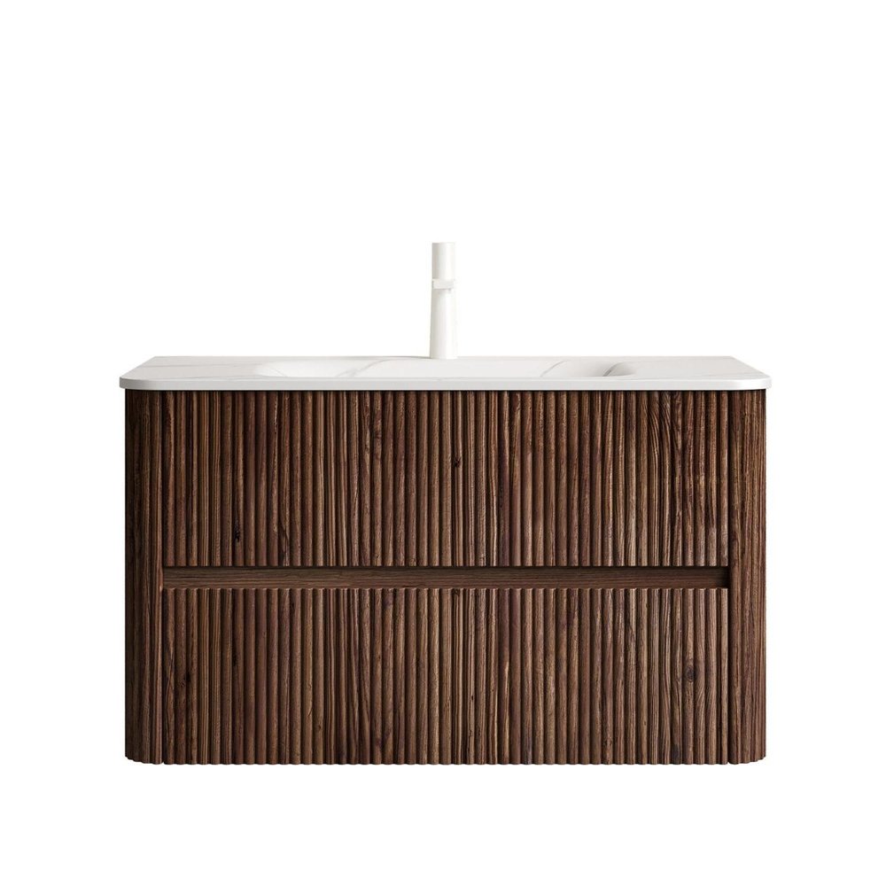 36" Brown Wood Floating Bathroom Vanity With White Sink And Two Drawers