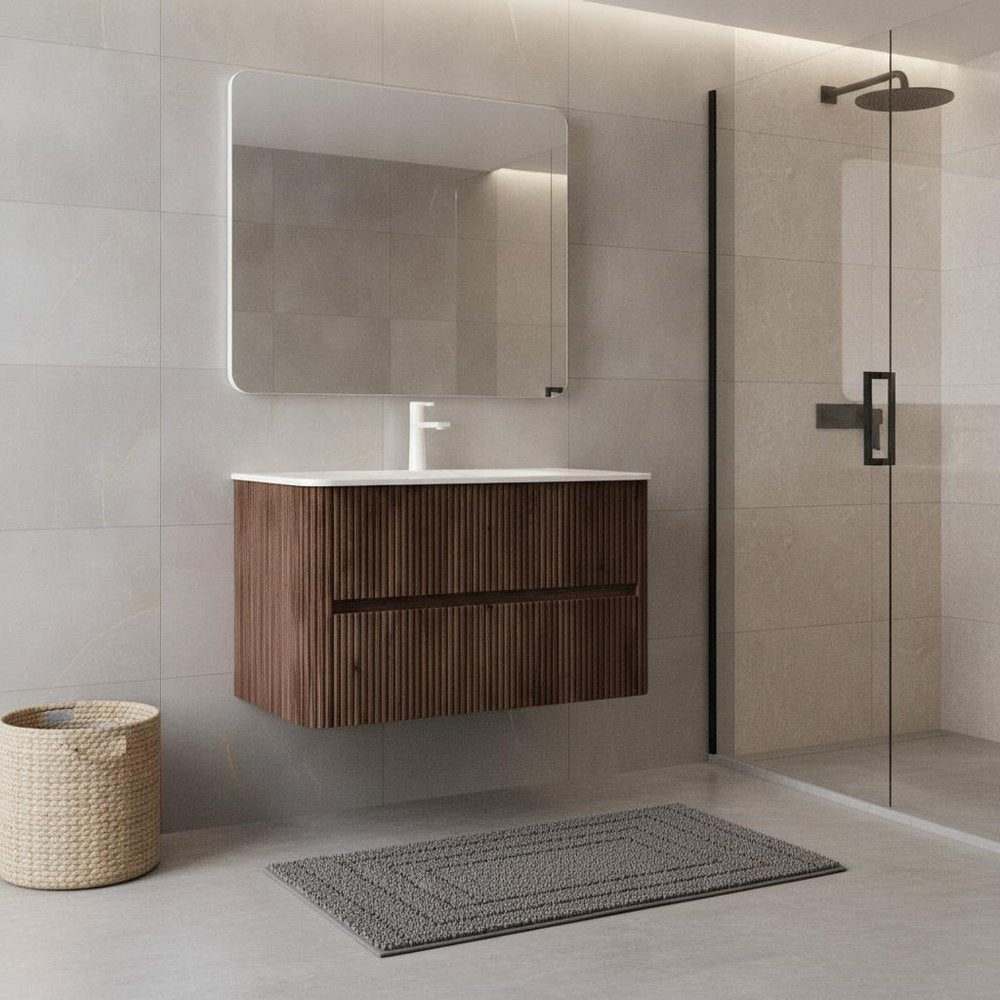 36" Brown Wood Floating Bathroom Vanity With White Sink And Two Drawers