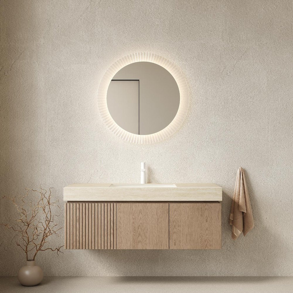 48" Brown Wood Floating Double Door Bathroom Vanity With White Sink